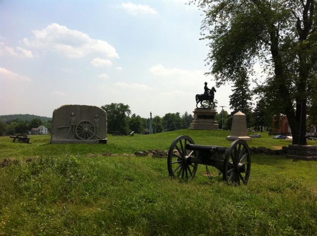 Gettysburg: Monuments at Gettysburg Battlefield on Cemetery Hill. For those with a interest in politics, the horseman in the distance is a statue of Major General Winfield Scott Hancock, a leading Union commander during the battle, he was the Democratic nominee for p